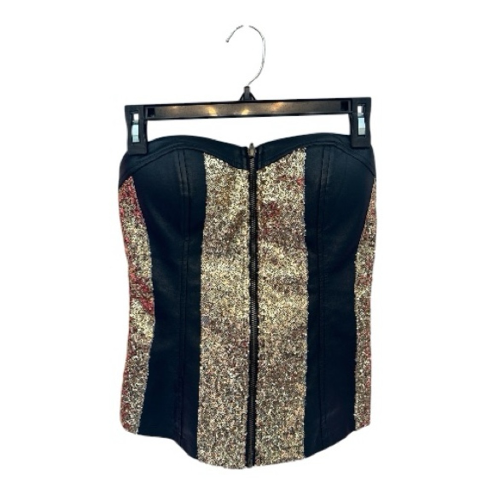 Vintage Y2K Rue 21 Black and Gold Glitter Strapless Corset Top Size Small